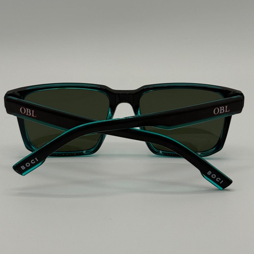 Black & Teal Green Sunglasses with 'OBL' branding on back X BOCI